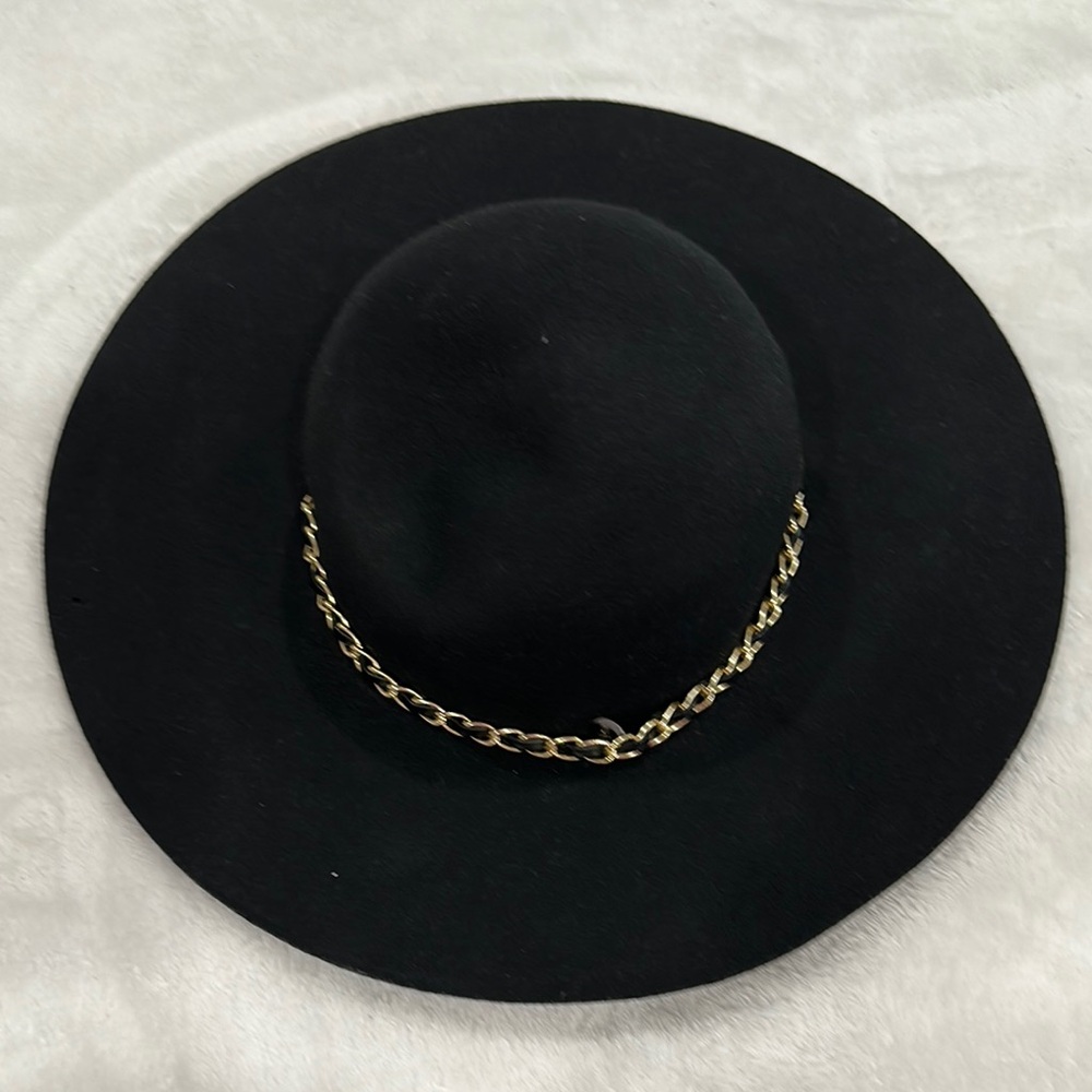 Black and Gold Wide-Brimmed Hat with Chain Detail